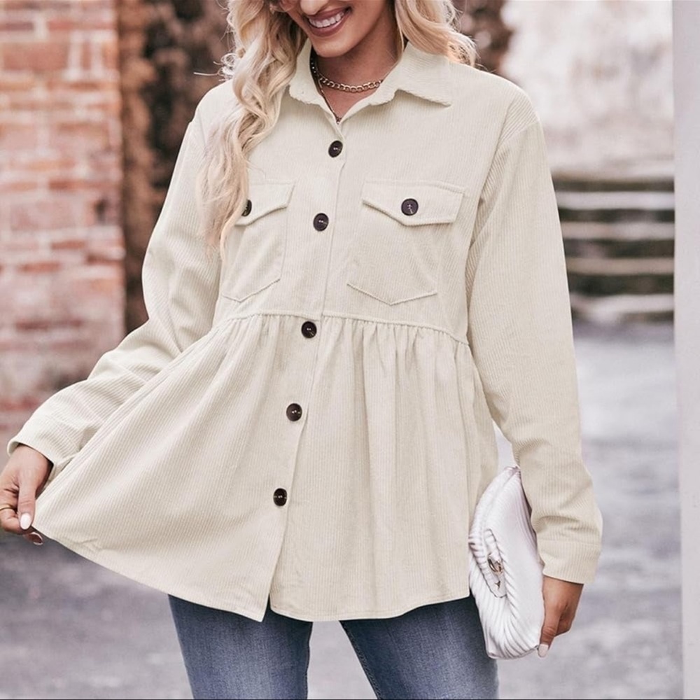 Jinzhao Small Tan Corduroy Peplum Shacket Top‎